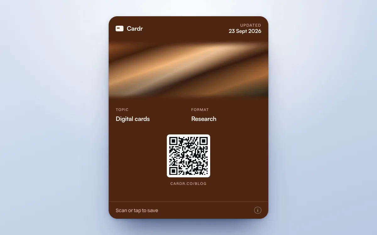 A Cardr Apple Wallet pass in the copper design, its QR code linking to this post