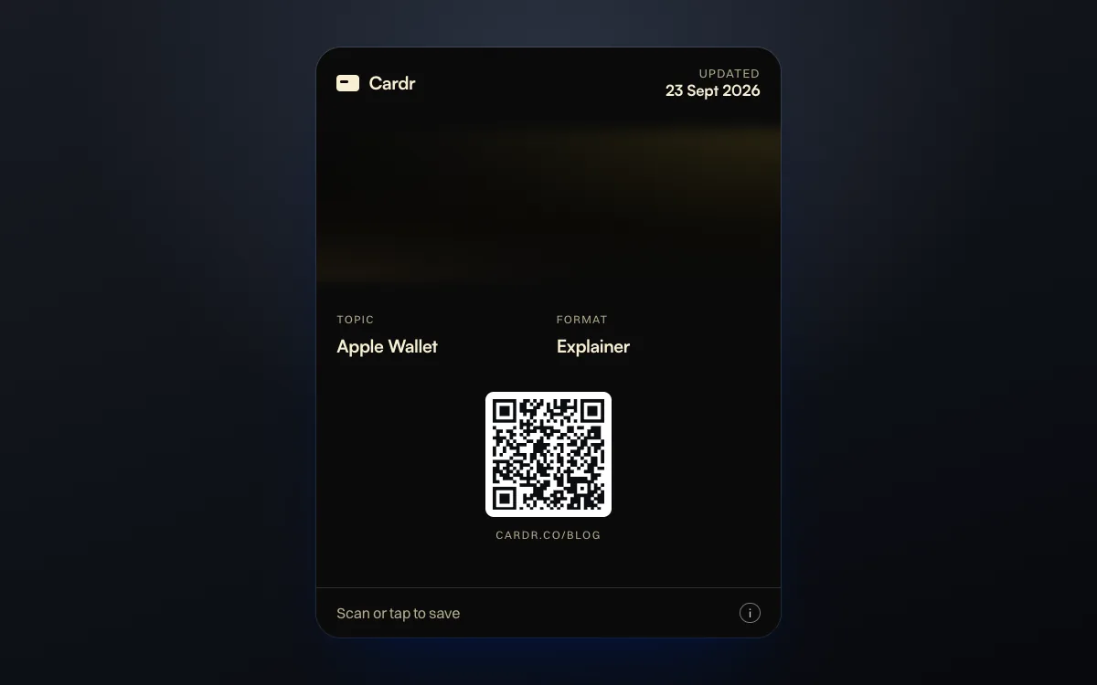A Cardr Apple Wallet pass in the obsidian foil design, its QR code linking to this post
