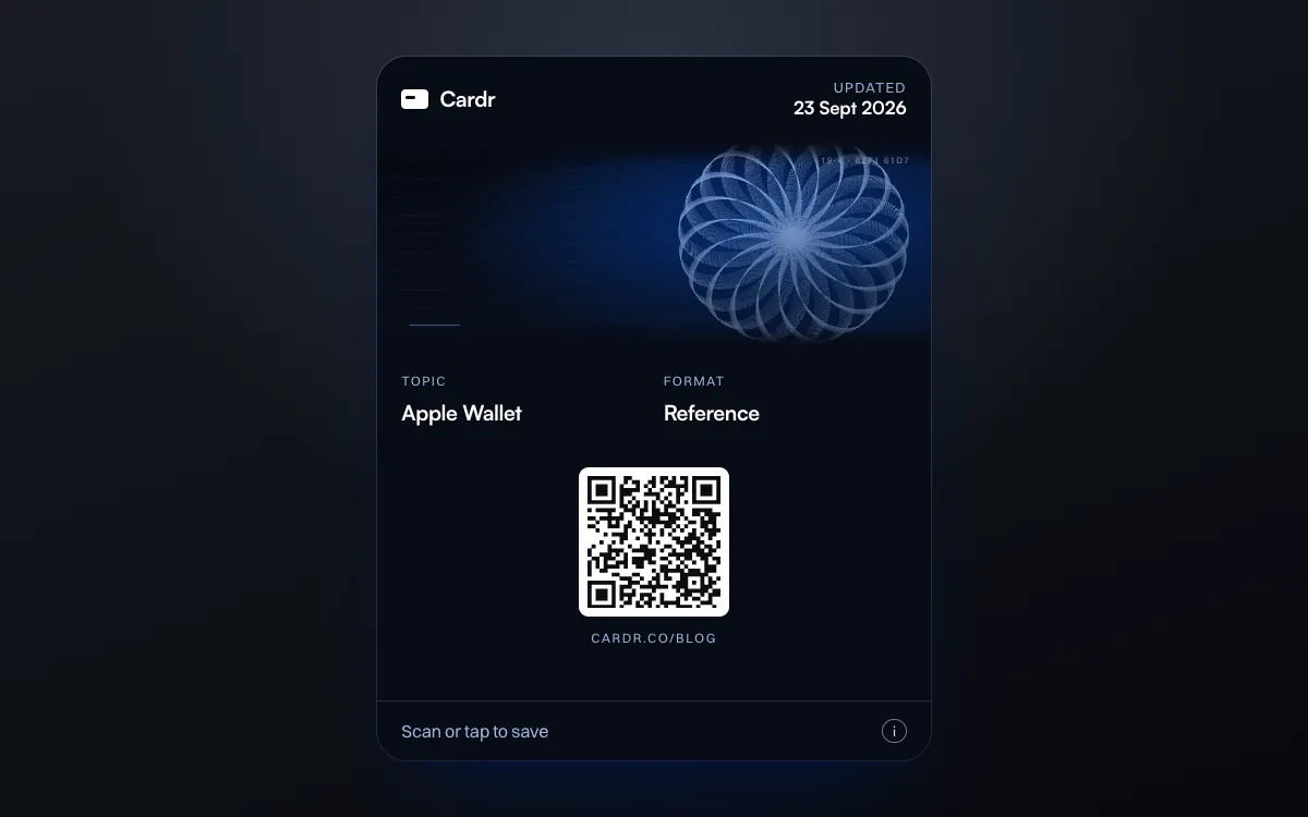 A Cardr Apple Wallet pass in the intaglio design, its QR code linking to this post