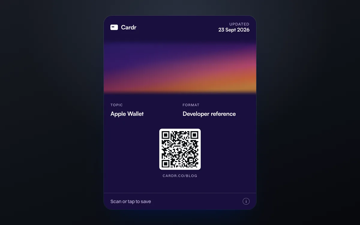 A Cardr Apple Wallet pass in the dusk design, its QR code linking to this post