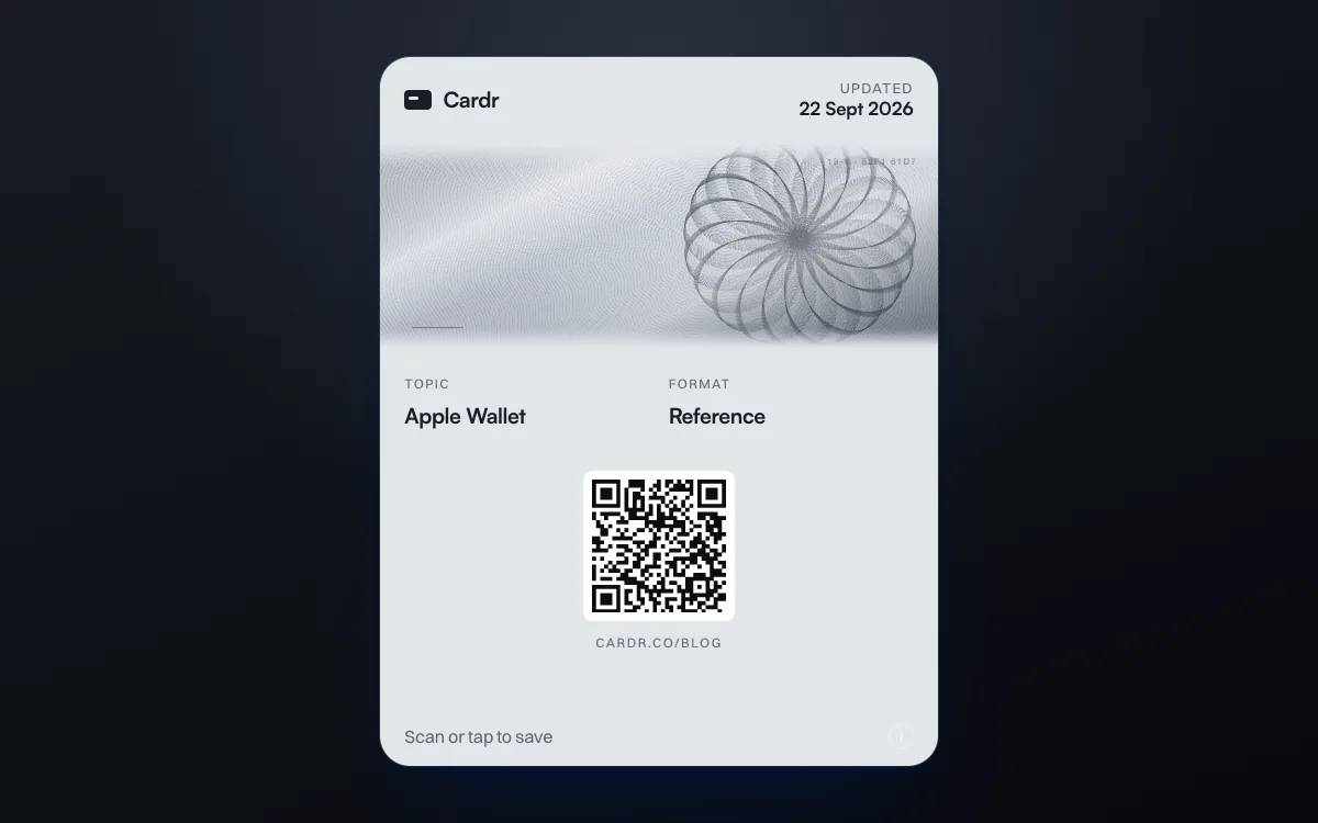 A Cardr Apple Wallet pass in the engine turn design, its QR code linking to this post