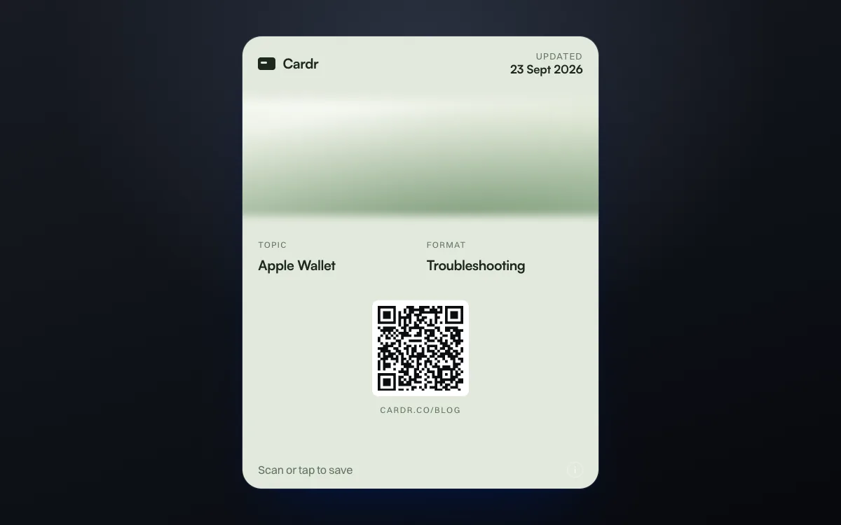 A Cardr Apple Wallet pass in the sage design, its QR code linking to this post