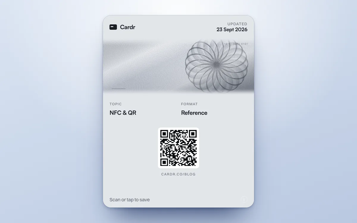 A Cardr Apple Wallet pass in the engine turn design, its QR code linking to this post
