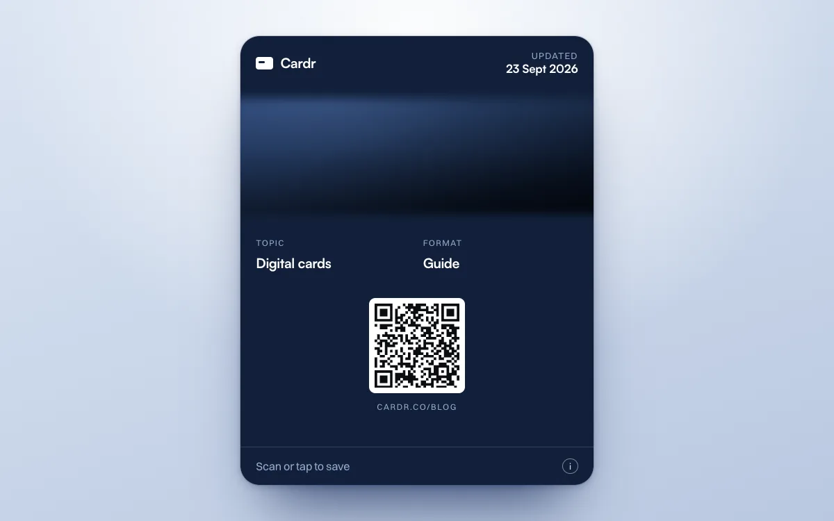 A Cardr Apple Wallet pass in the oxford design, its QR code linking to this post