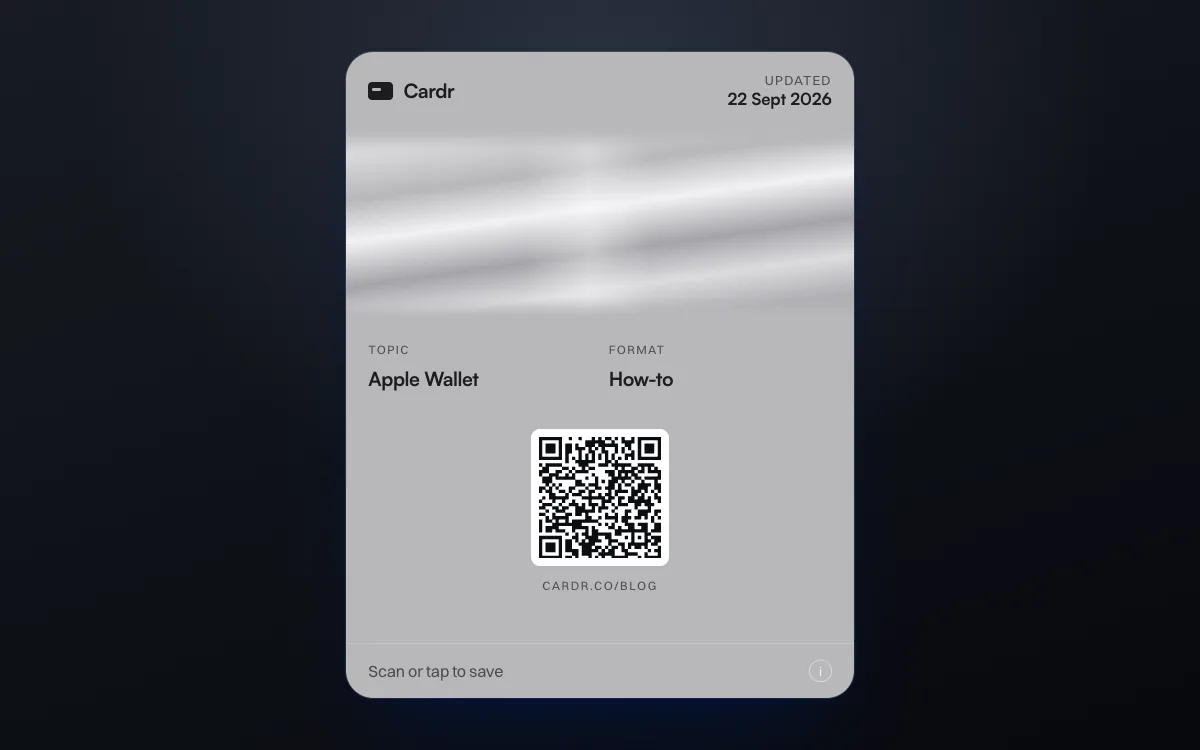 A Cardr Apple Wallet pass in the titanium design, its QR code linking to this post