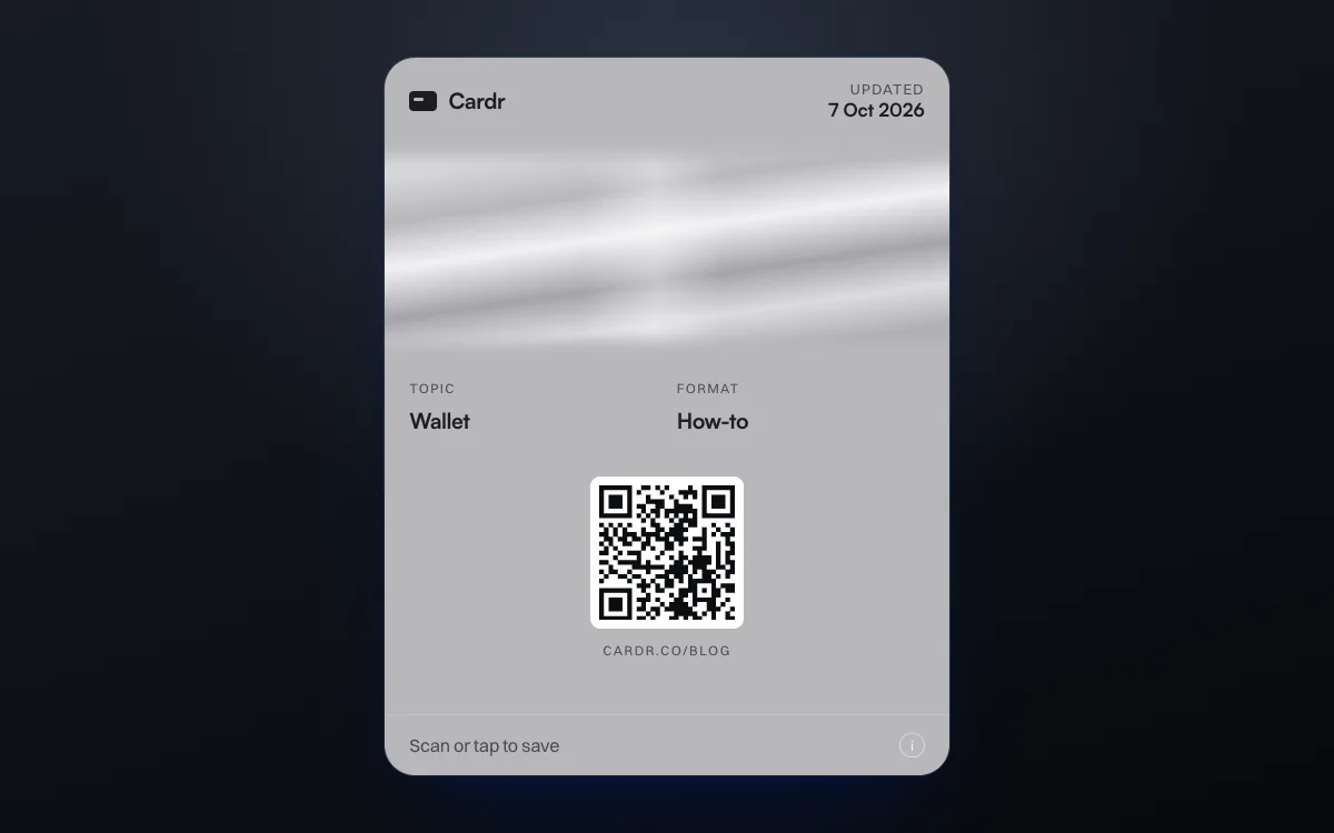 A Cardr Apple Wallet pass in the titanium design, its QR code linking to this post