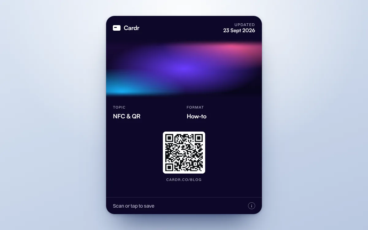 A Cardr Apple Wallet pass in the aurora design, its QR code linking to this post