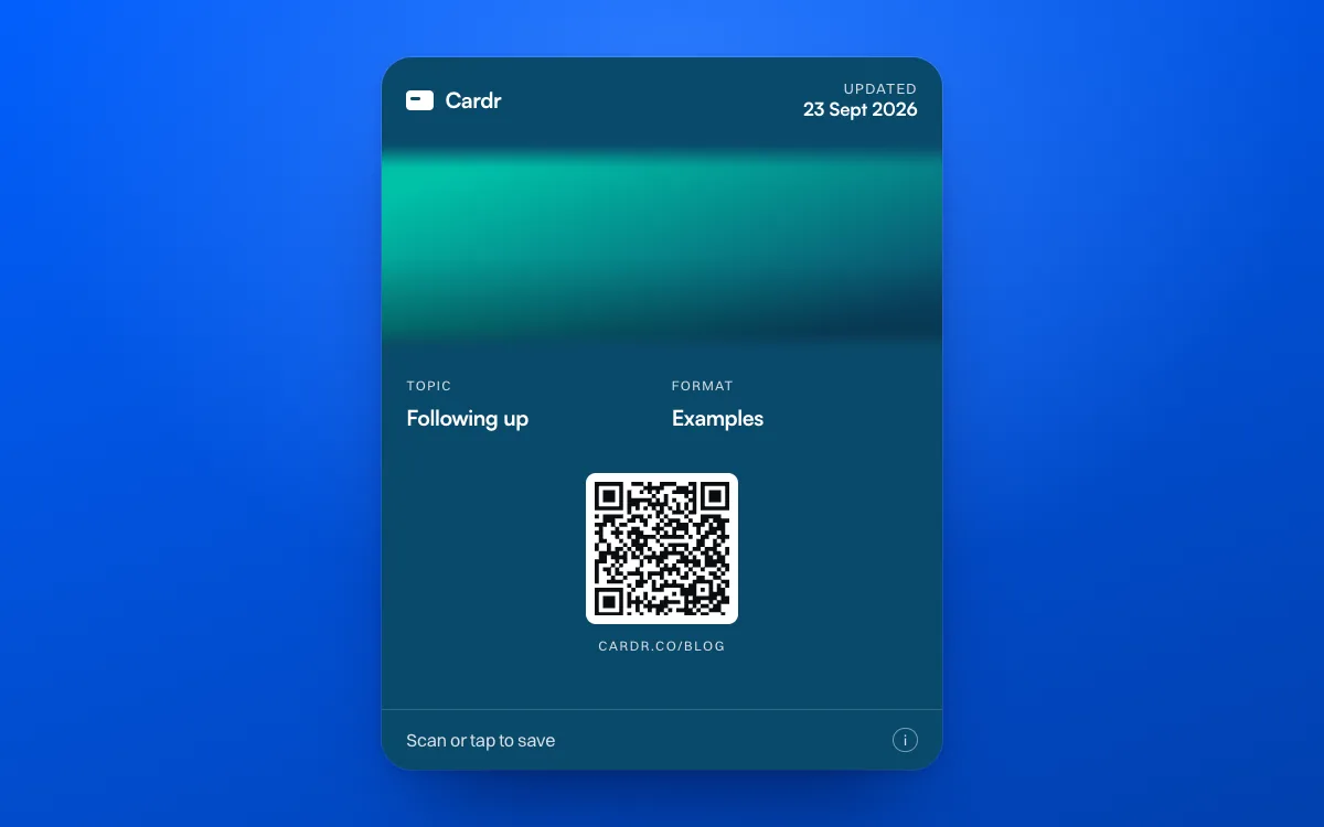 A Cardr Apple Wallet pass in the custom gradient design, its QR code linking to this post