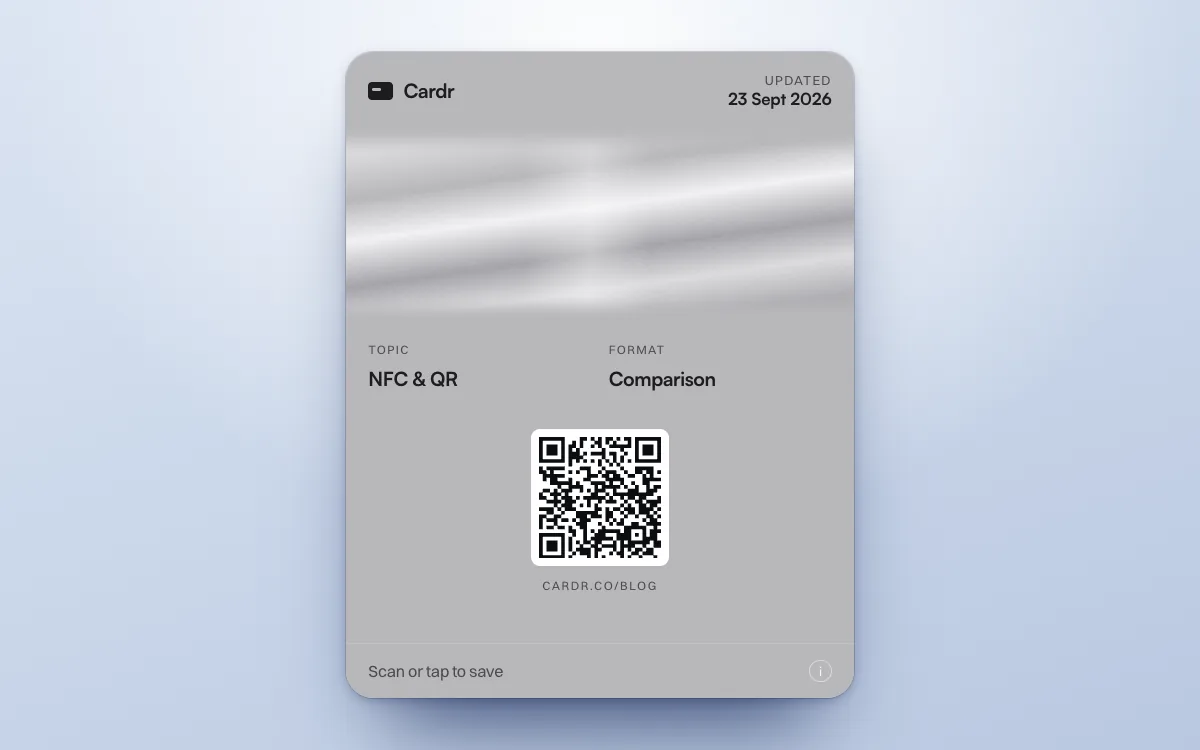 A Cardr Apple Wallet pass in the titanium design, its QR code linking to this post