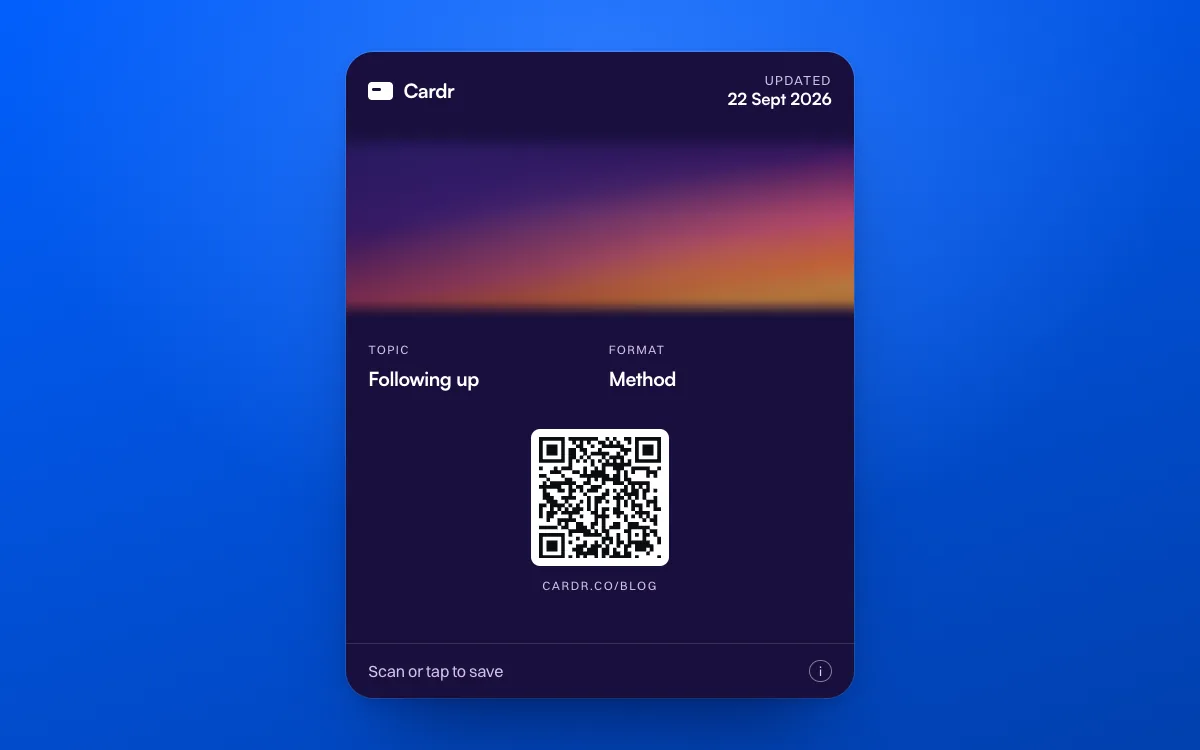 A Cardr Apple Wallet pass in the dusk design, its QR code linking to this post