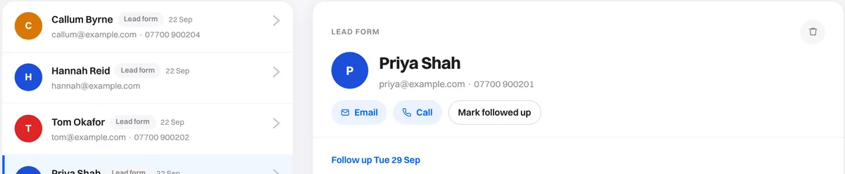 Cardr contacts page with four demo contacts. The selected row, Priya Shah, shows the line "Follow up Tue 29 Sep" in blue, and the same line appears at the top of her detail pane beside the Email, Call and Mark followed up buttons.