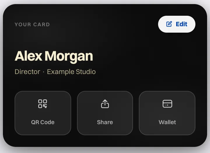 The top of the Cardr dashboard on an iPhone for a demo card, "Alex Morgan, Director, Example Studio", with an Edit button and three buttons underneath: QR Code, Share and Wallet.
