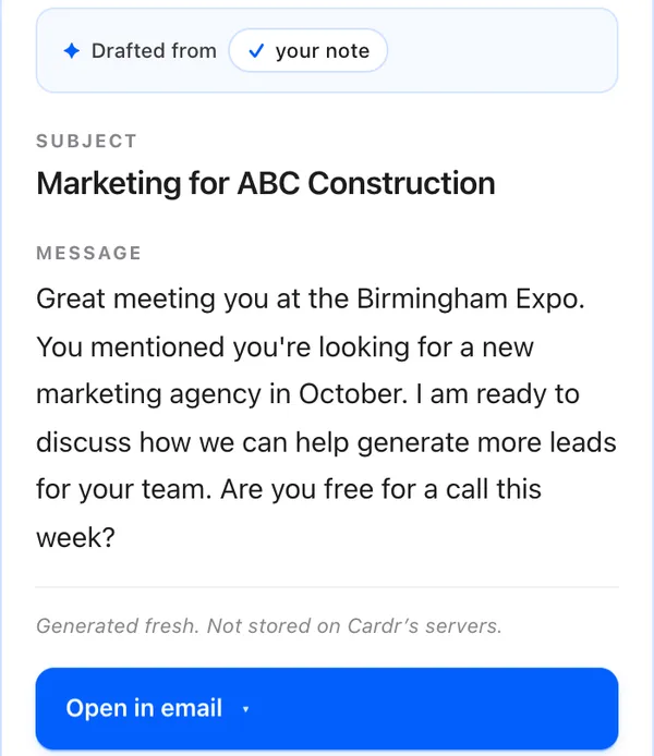 A follow-up to James drafted in Cardr from one sentence, ready to send.